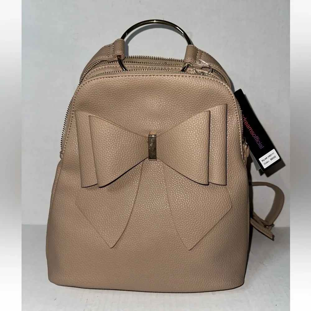 NWT Crossi Jasmine Ring Double Bow Backpack Beige Pebbled Faux Leather Purse